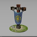 Medieval Cross Structure With Blue Banner Yellow Lion Emblem And Stone Details On Green Grass
