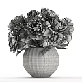 Decorative Ornament Set Featuring Pink Peonies In Transparent Glass Vase With Green Leaves