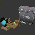 Building Side Area With Wheeled Gray Trash Bin And Scattered Cardboard Boxes