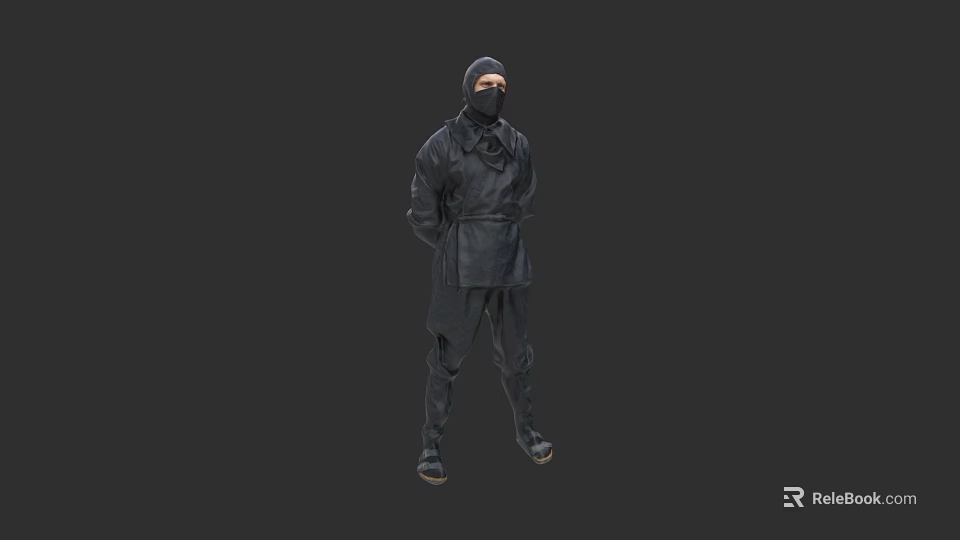 Man in Black Clothing and Mask with Hands Tied Behind Back Standing Against Gray Background 3d model 