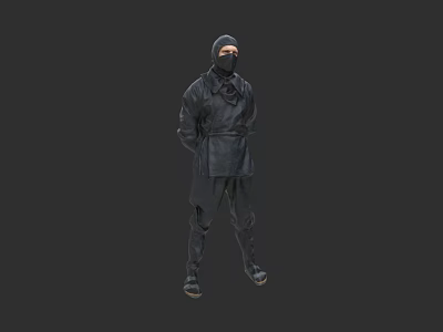 Man in Black Clothing and Mask with Hands Tied Behind Back Standing Against Gray Background 3d model