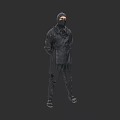 Man in Black Clothing and Mask with Hands Tied Behind Back Standing Against Gray Background