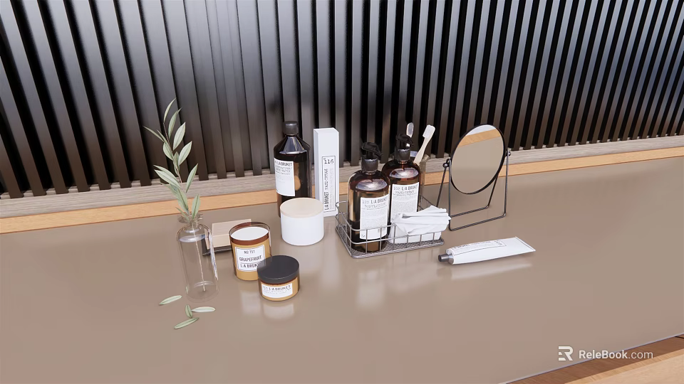 Stylish Bathroom Accessories With Bottles Mirror Organizer And Green Plant On Countertop 3d model 