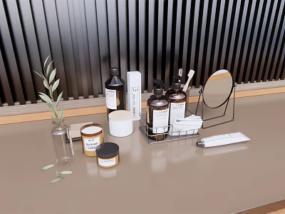 Stylish Bathroom Accessories With Bottles Mirror Organizer And Green Plant On Countertop 3d model
