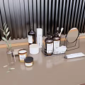 Stylish Bathroom Accessories With Bottles Mirror Organizer And Green Plant On Countertop