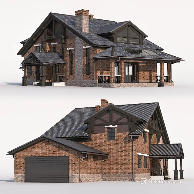 Traditional Detached Villa With Brick Exterior Black Roof Chimney Covered Porch And Detached Garage 3d model 