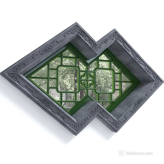 Traditional Chinese Decorative Window with Gray Carved Frame Green Lattice and Tree View 3d model 