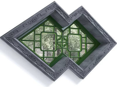 Traditional Chinese Decorative Window with Gray Carved Frame Green Lattice and Tree View 3d model