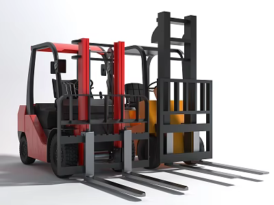 Red and Yellow Industrial Utility Forklift Trucks With Lifting Forks And Cabin 3d model