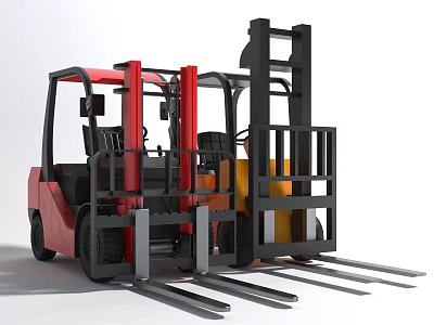 Red and Yellow Industrial Utility Forklift Trucks With Lifting Forks And Cabin 3d model