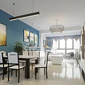 Modern Living And Dining Room Interior With White Sofa Gray Chairs And Blue Curtains