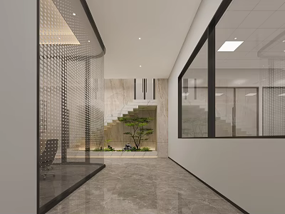 Modern Office Corridor With Marble Floor Glass Partitions Staircase And Small Tree Interior Design 3d model