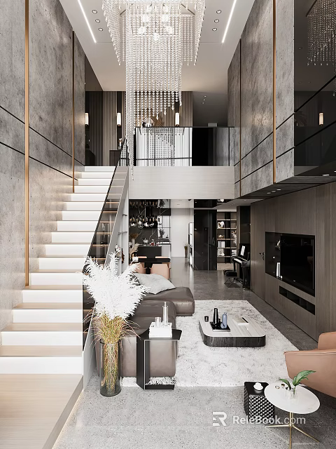 Duplex Living Room Interior With Modern Staircase Chandelier And Sofa Setup 3d model