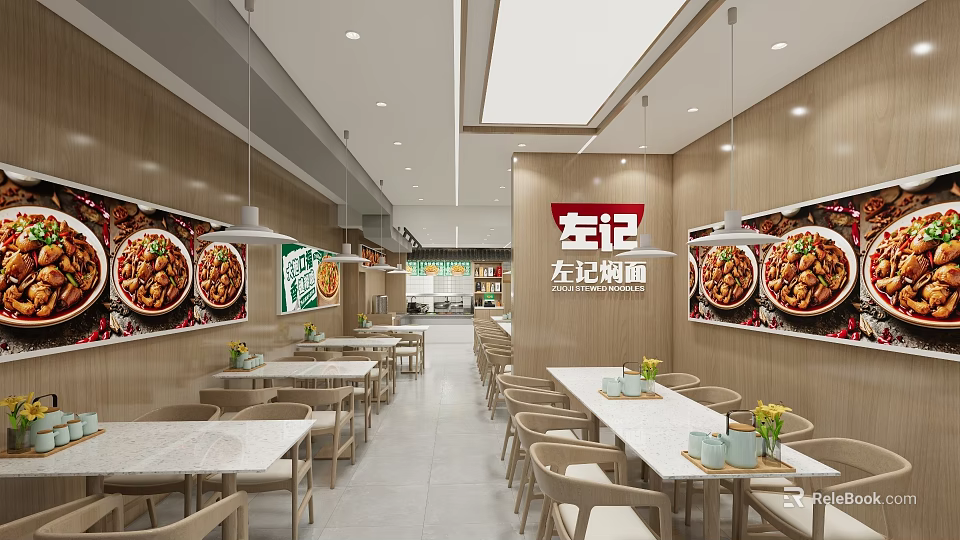 Zuoji Northeast Braised Noodles Restaurant Modern Interior With Wooden Walls White Tables And Pendant Lights 3d model 