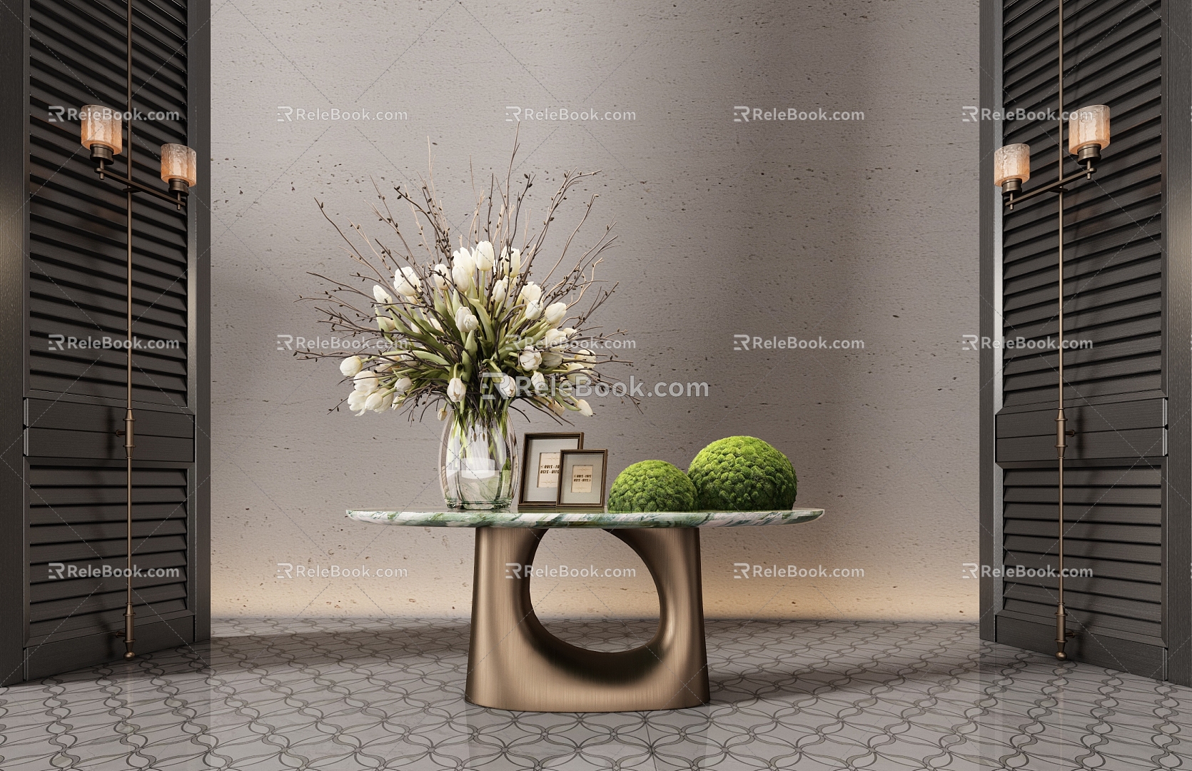 Modern hotel end view table porch table ornaments floral moss combination 3d model