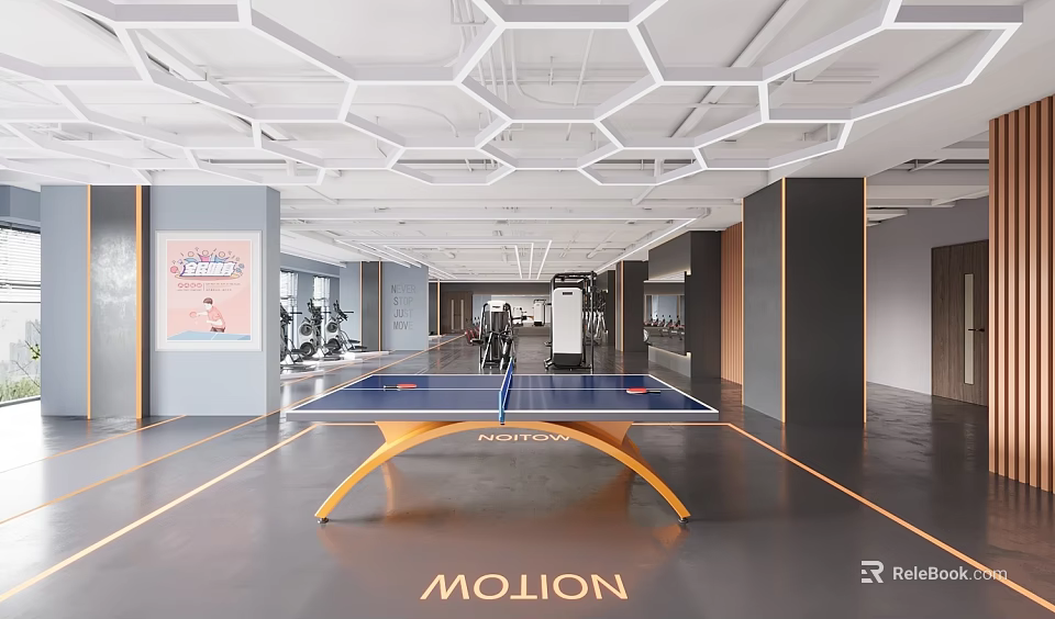 Modern Interior Space With Ping Pong Table And Hexagonal Ceiling Design 3d model 