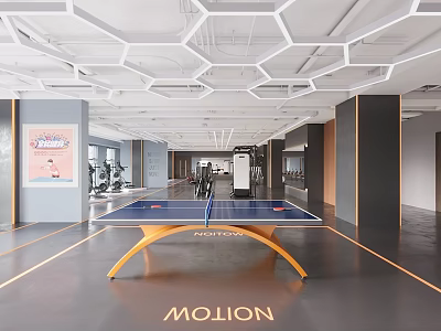 Modern Interior Space With Ping Pong Table And Hexagonal Ceiling Design 3d model