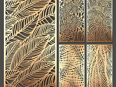 Golden Laser Cut Wall Decor With Feather Floral Wave Leaf Patterns 3d model