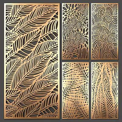 Golden Laser Cut Wall Decor With Feather Floral Wave Leaf Patterns 3d model