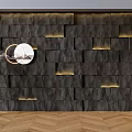 Dark Stone Brick Feature Wall With Embedded Lighting Circular Mirror Green Plant And Wooden Floor