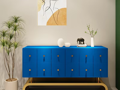 Modern Blue Console Cabinet With Golden Handles Drawers Abstract Painting And Green Plants 3d model