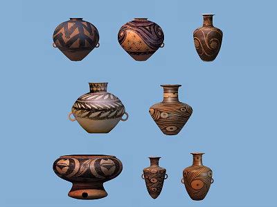 Traditional Handcrafted Ceramic Vessels With Unique Geometric Patterns And Various Shapes 3d model