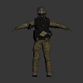 Standing Military Figure in Camouflage Uniform Helmet Body Armor and Rifle With Outstretched Arms