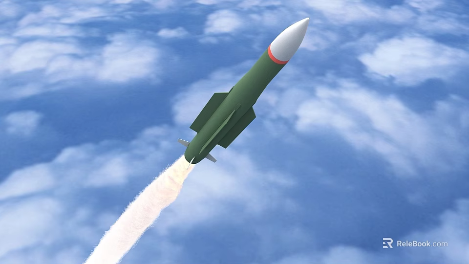 Green Missile Flying Through Cloudy Sky With Trailing White Smoke 3d model 