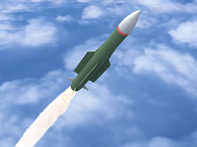 Green Missile Flying Through Cloudy Sky With Trailing White Smoke 3d model