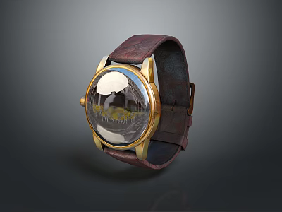 Classic Brown Leather Strap Watch With Gold Case And Unique Dial Design 3d model