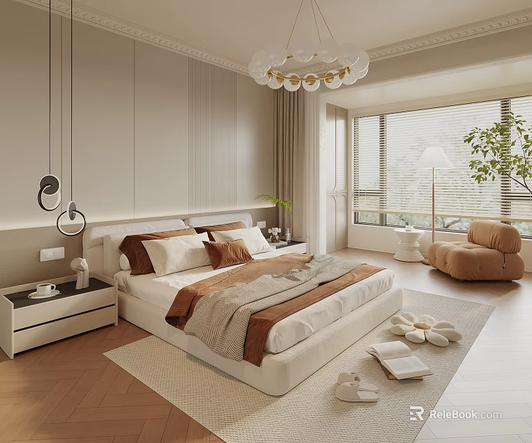 Modern Bedroom Interior Design With Large Bed White Brown Bedding And Chandelier 3d model 