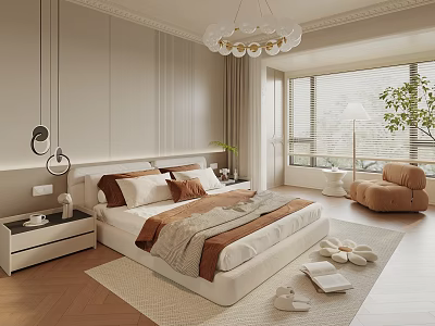 Modern Bedroom Interior Design With Large Bed White Brown Bedding And Chandelier 3d model