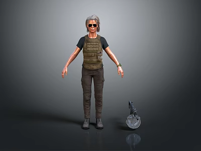 Male Character With Gray Hair Sunglasses Wearing Tactical Vest Black T-Shirt Next To Mechanical Device 3d model