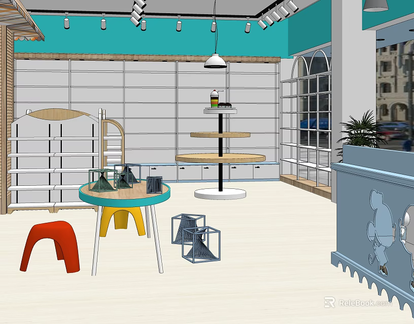 Modern Clothing Store Interior With Display Racks Round Tables And Colorful Chairs 3d model 