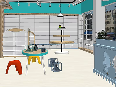 Modern Clothing Store Interior With Display Racks Round Tables And Colorful Chairs 3d model