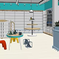 Modern Clothing Store Interior With Display Racks Round Tables And Colorful Chairs
