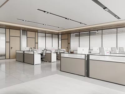 Modern Public Office Space Interior With Open Layout Workstations Computers Glass Partitions And Wooden Walls 3d model