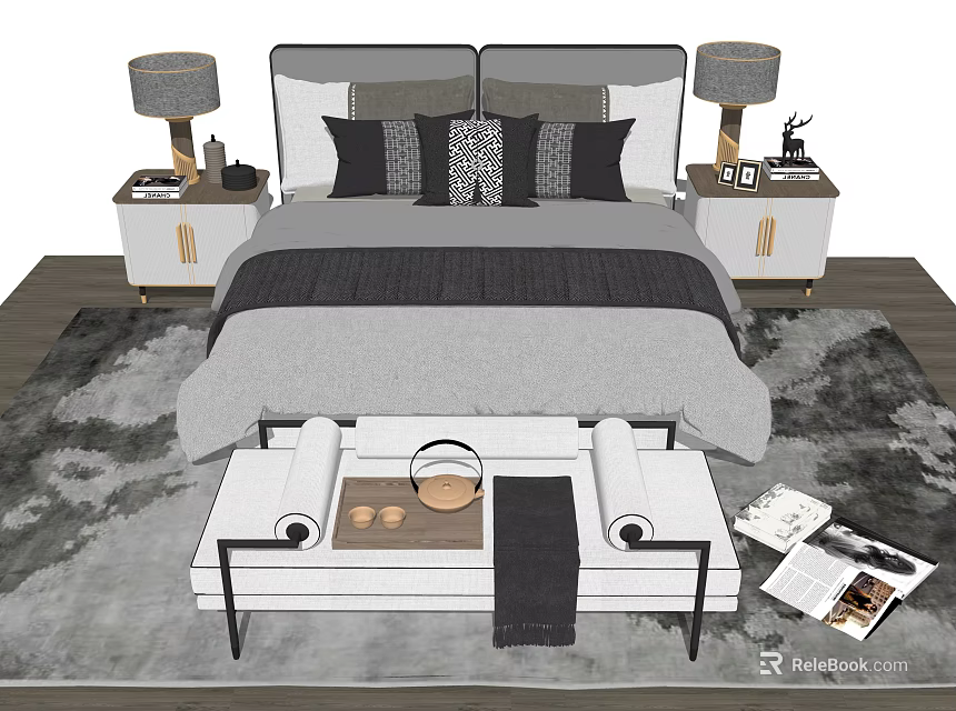 Double Bed with Gray and Black Bedding Bedside Tables Table Lamps and Bench 3d model