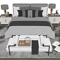 Double Bed with Gray and Black Bedding Bedside Tables Table Lamps and Bench 3d model