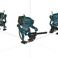 Three Blue Smart Machines With Mechanical Structure Carrying Weapons And Backpacks 3d model