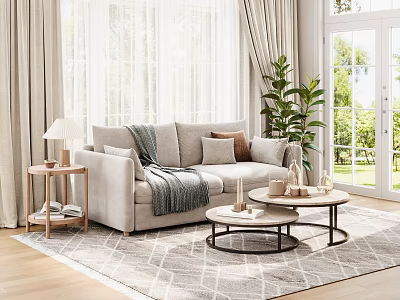 Bright Modern Living Room Interior With Light Gray Sofa Throw Pillows And Round Coffee Tables 3d model