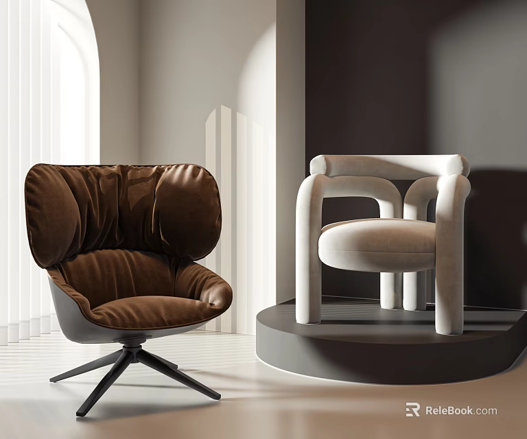 Plush Brown And Sleek White Accent Chairs In Modern Interior Bright Lighting Display Platform 3d model 