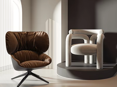 Plush Brown And Sleek White Accent Chairs In Modern Interior Bright Lighting Display Platform 3d model