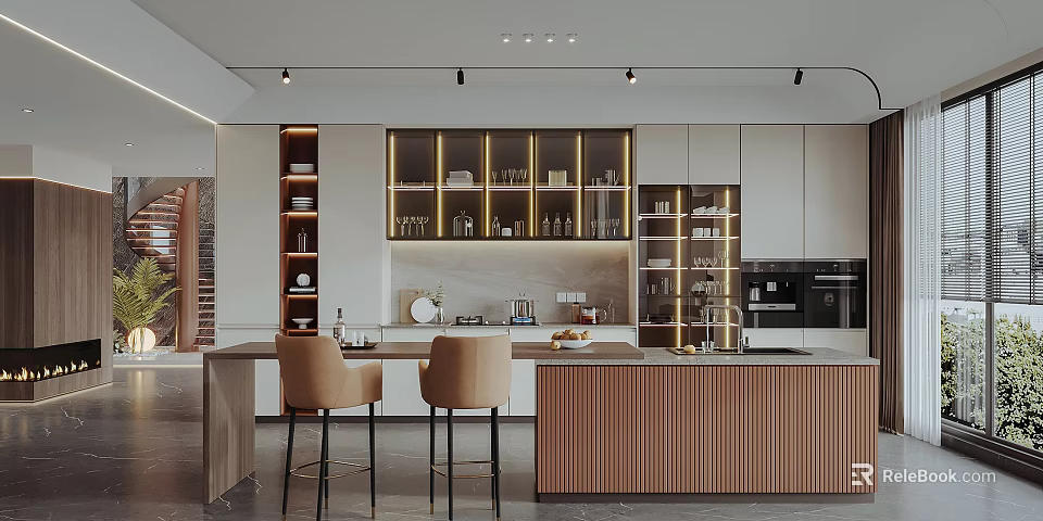 Modern Kitchen Interior Design With Island Counter Glass Front Cabinets And Bar Stools 3d model 