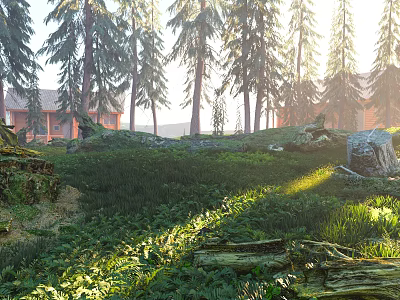 Scenic Pine Forest Landscape with Morning Sunlight Wooden Cabin Green Grass and Rocks 3d model