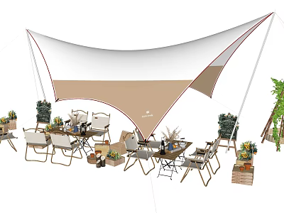 Outdoor Table And Chair Set With Sunshade Green Plants And Decorative Accessories 3d model