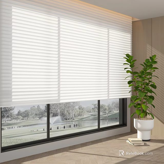 White Window Blinds In Bright Room With Green Outdoor View And Potted Plant 3d model 