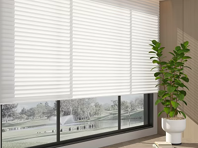 White Window Blinds In Bright Room With Green Outdoor View And Potted Plant 3d model