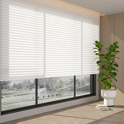 White Window Blinds In Bright Room With Green Outdoor View And Potted Plant 3d model