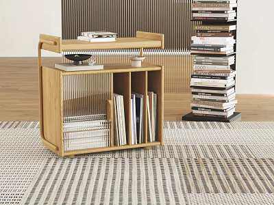 Stacked Books On Wooden Shelf In Modern Interior With Striped Rug 3d model